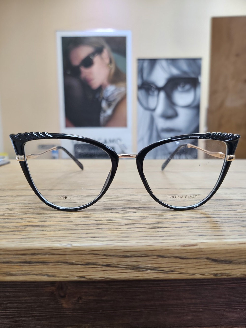 Women's Black Cat-Eye Glasses with Gold Accents